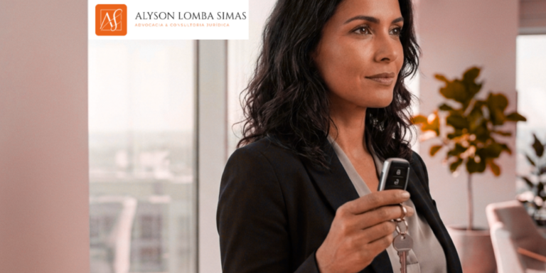 high-resolution photograph of a confident Brazilian woman in her 40s, with a reassured expression, looking towards a bright horizon out a large window. She is holding a car key and a house key gently in her hand. She is standing in a sunlit, contemporary, elegant professional office. The background (modern furniture, plants) is blurred (shallow depth of field). Natural, warm daylight. Rule of thirds composition, leaving significant empty space on the left third of the image for text overlay. Photorealistic, 8k, detailed, reliable atmosphere.